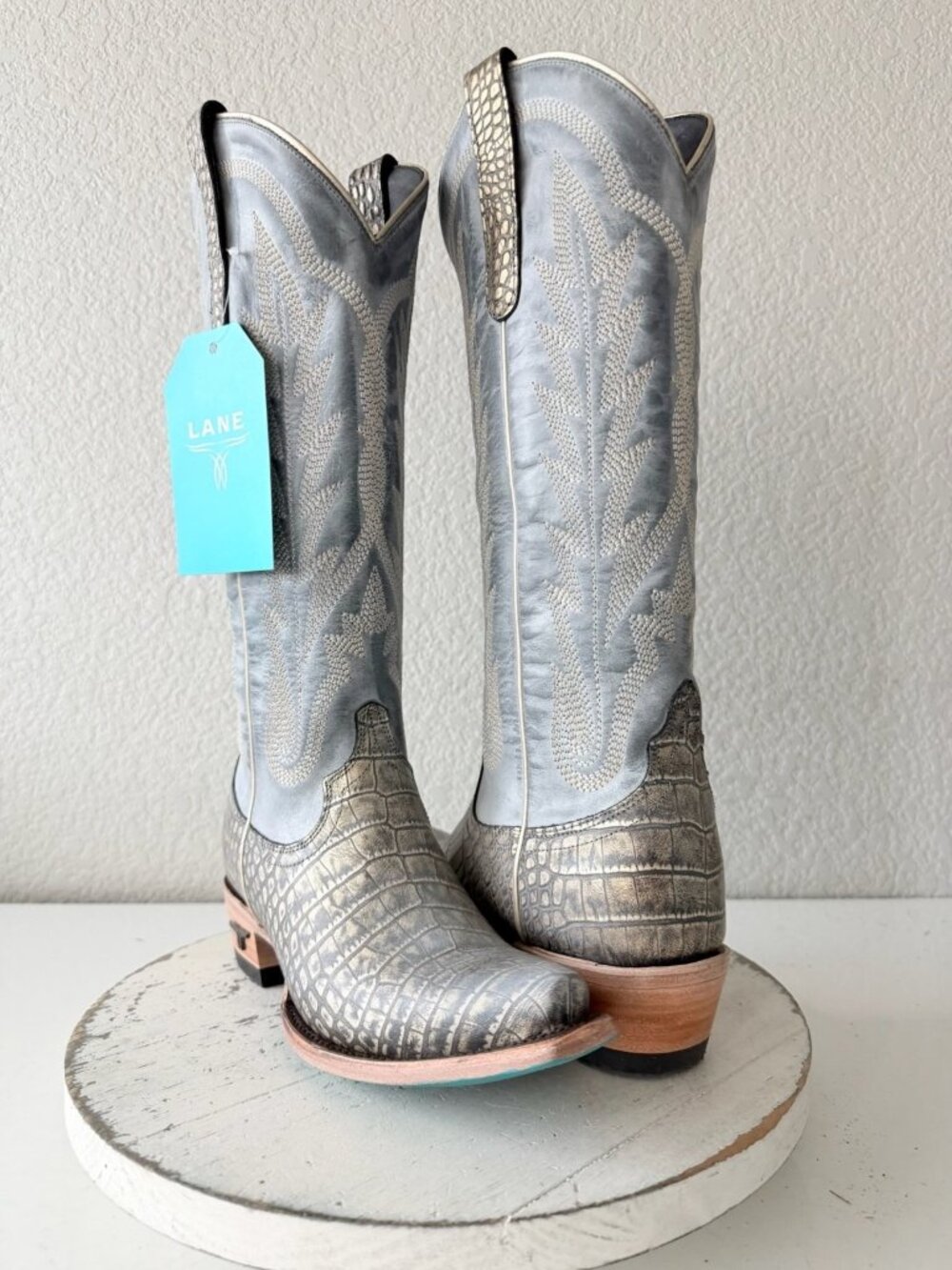 Lane Skylight Gilded Denim Cowboy Boots Womens 6 Western Cowgirl Tall Snip Toe